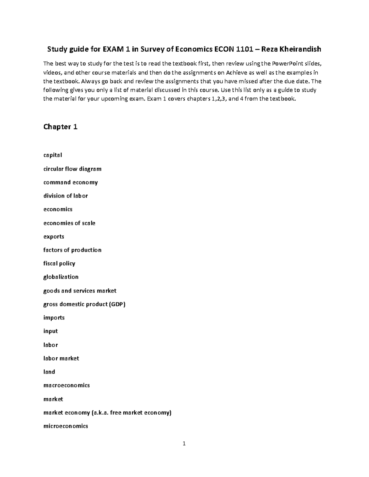 Study Guide for Exam 1: Survey of Economics - ECON 1101 - Studocu