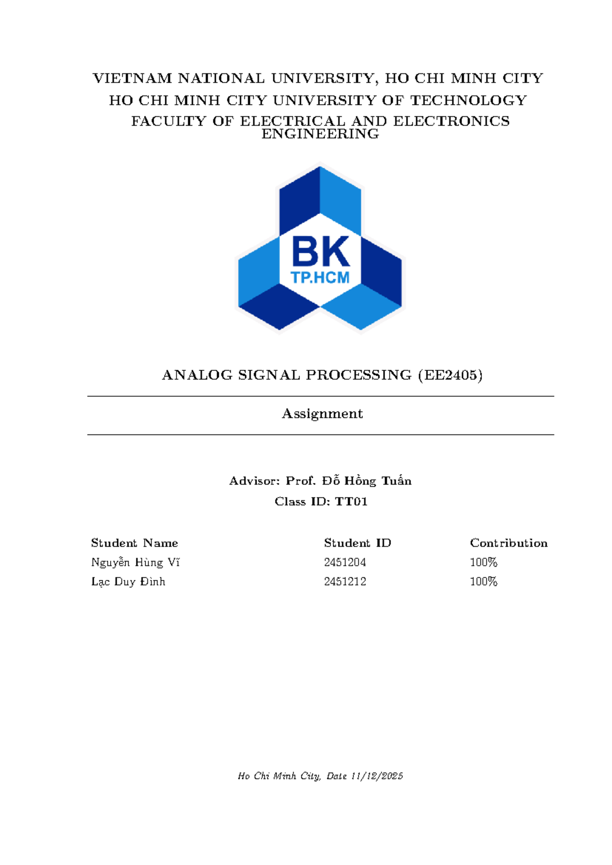ASP EE2405 Assignment: Analysis of Analog Signal Processing - Studocu