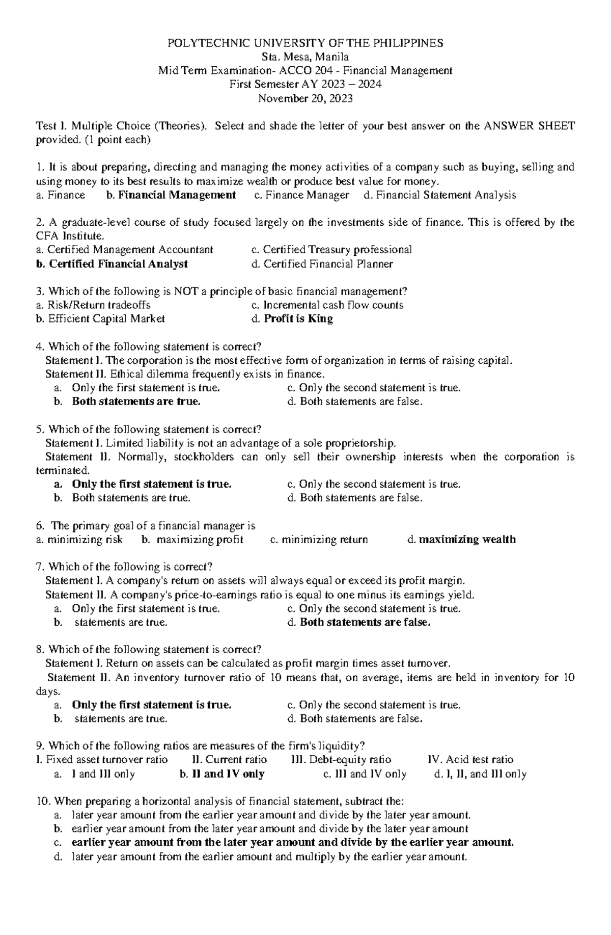 Fin Man-MTE-1SAY2324 - Midterm Exam on Financial Management - Studocu