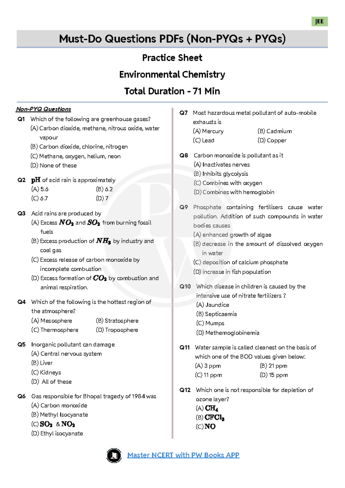 Master NCERT with PW Books APP JEE: Environmental Chemistry Practice ...