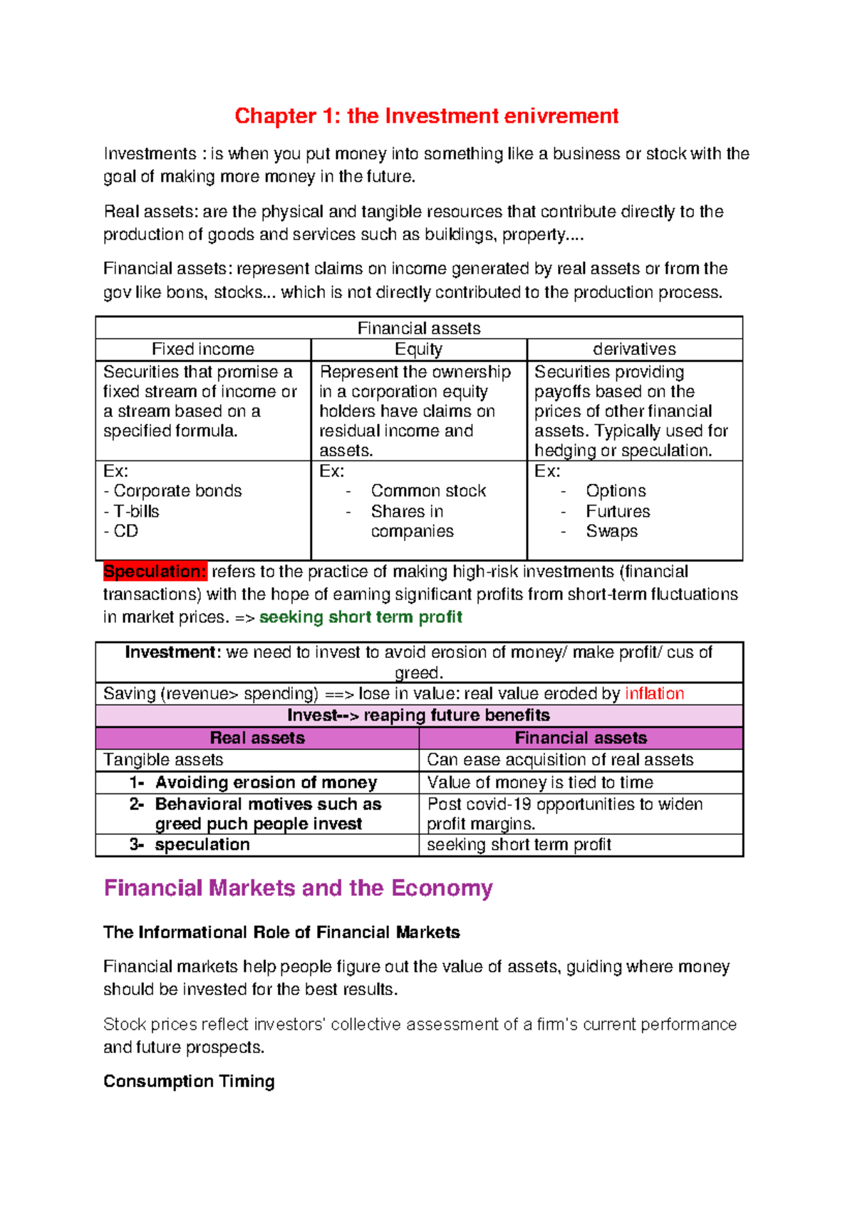 Investment and Risk Management Notes (FIN 101) - Chapter 1 Overview ...