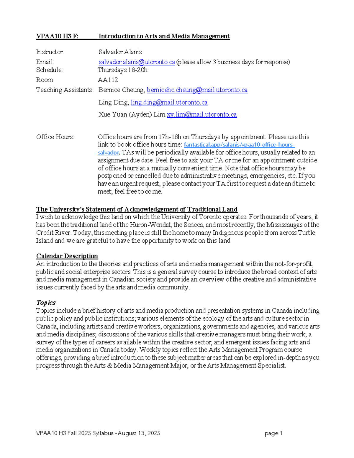 VPAA10 H3 F: Syllabus for Introduction to Arts and Media Management ...