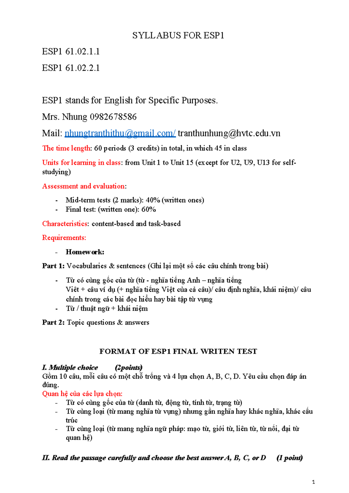 SYLLABUS FOR ESP1: LECTURES FOR UNITS 1-5 - Studocu