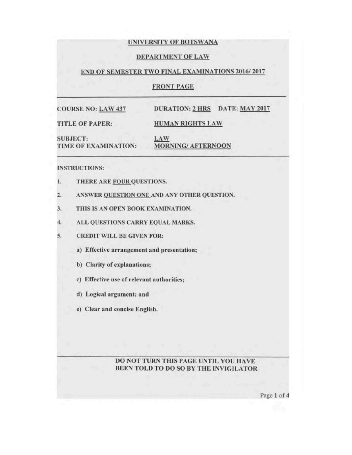 LAW 437: Human Rights Law Final Exam Paper - May 2017 - Studocu