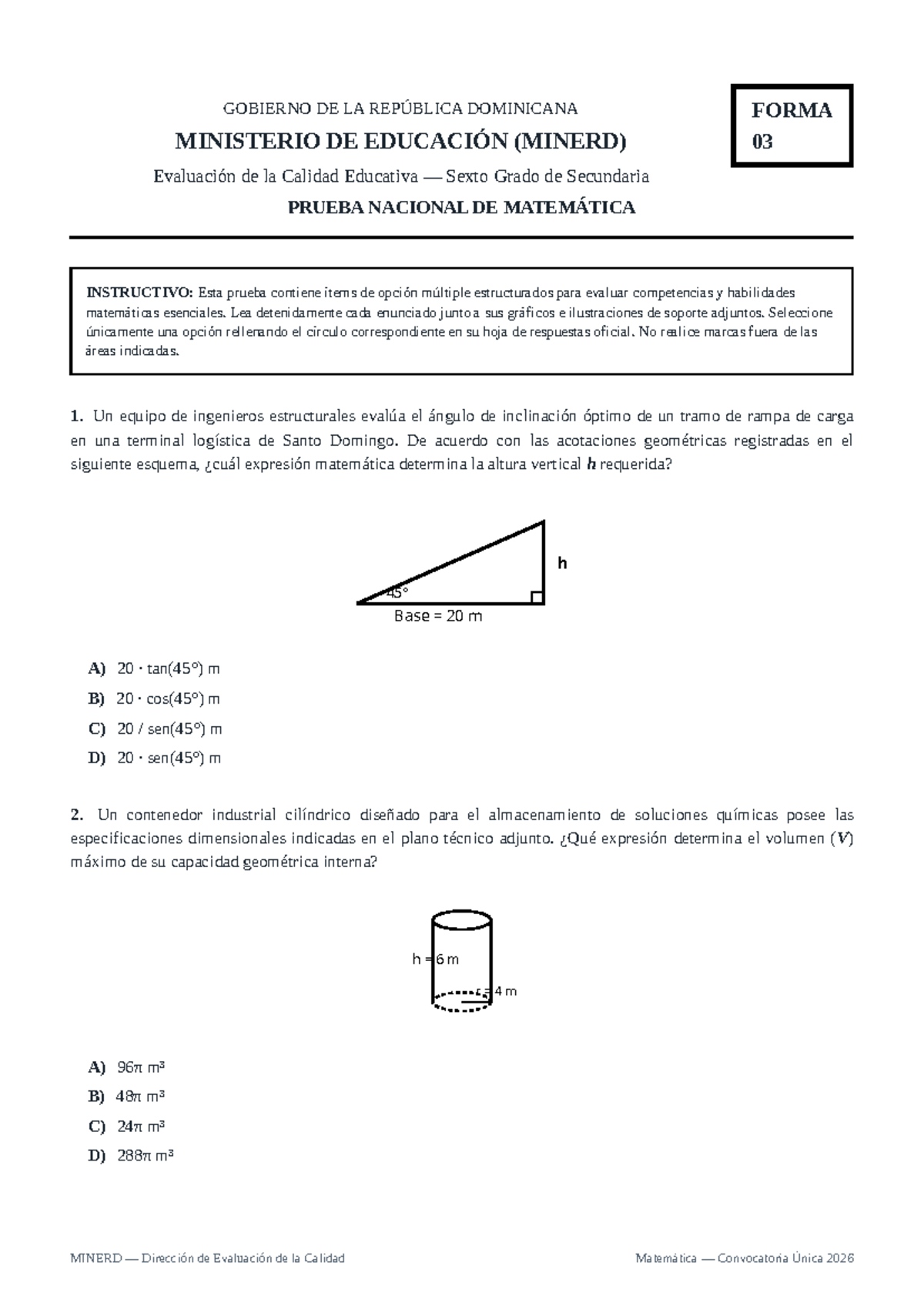 Cuadernillo Oficial F03: Prueba Nacional de Matemática 2026 MINERD - Document Preview