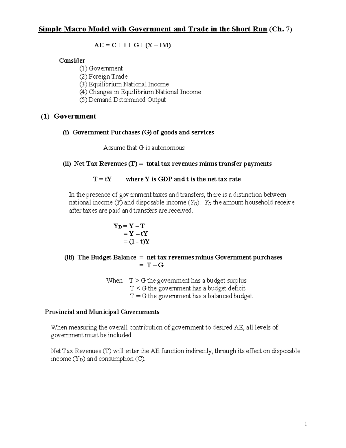 E1221-Ch. 7 - Simple Macro Model with Government and Trade - Simple ...