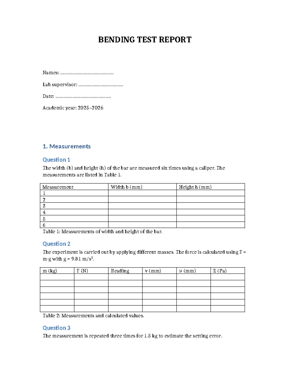 BENDING TEST REPORT - Lab Measurements & Calculations - Studocu