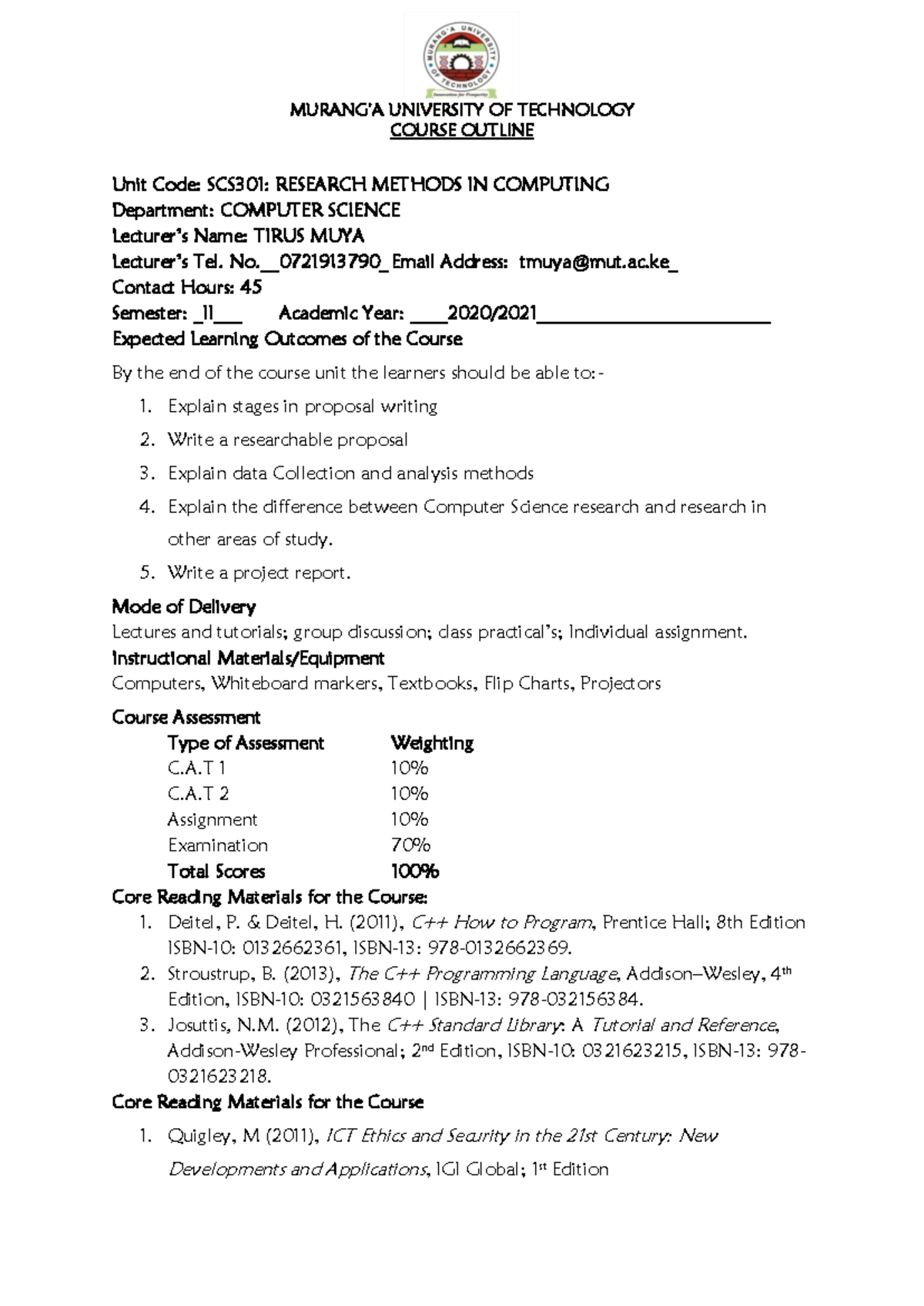 SCS301 Research Methods in Computing Course Outline & Learning Goals ...