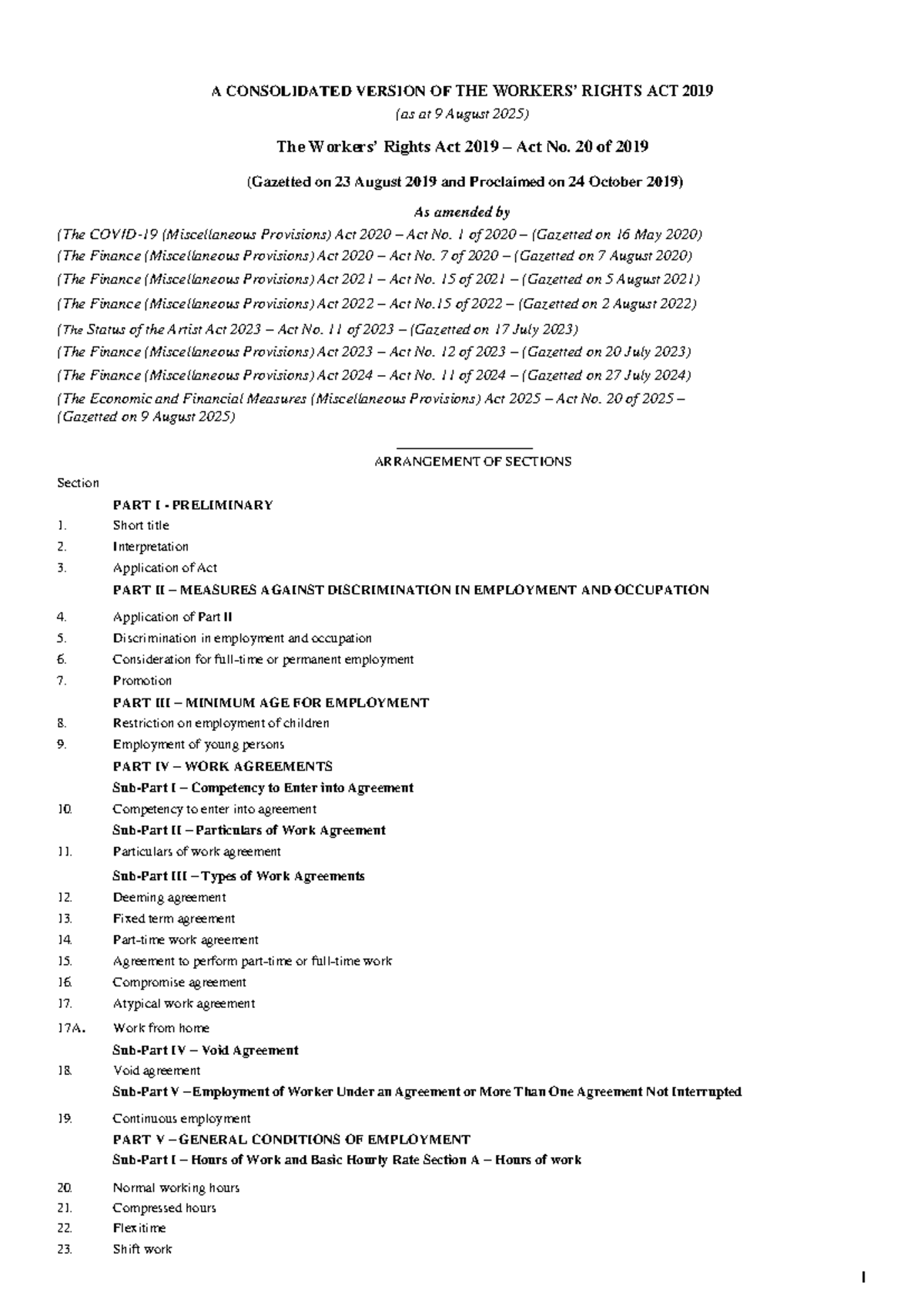 Workers Rights Act 2019: Consolidated Version as of August 2025 - Studocu