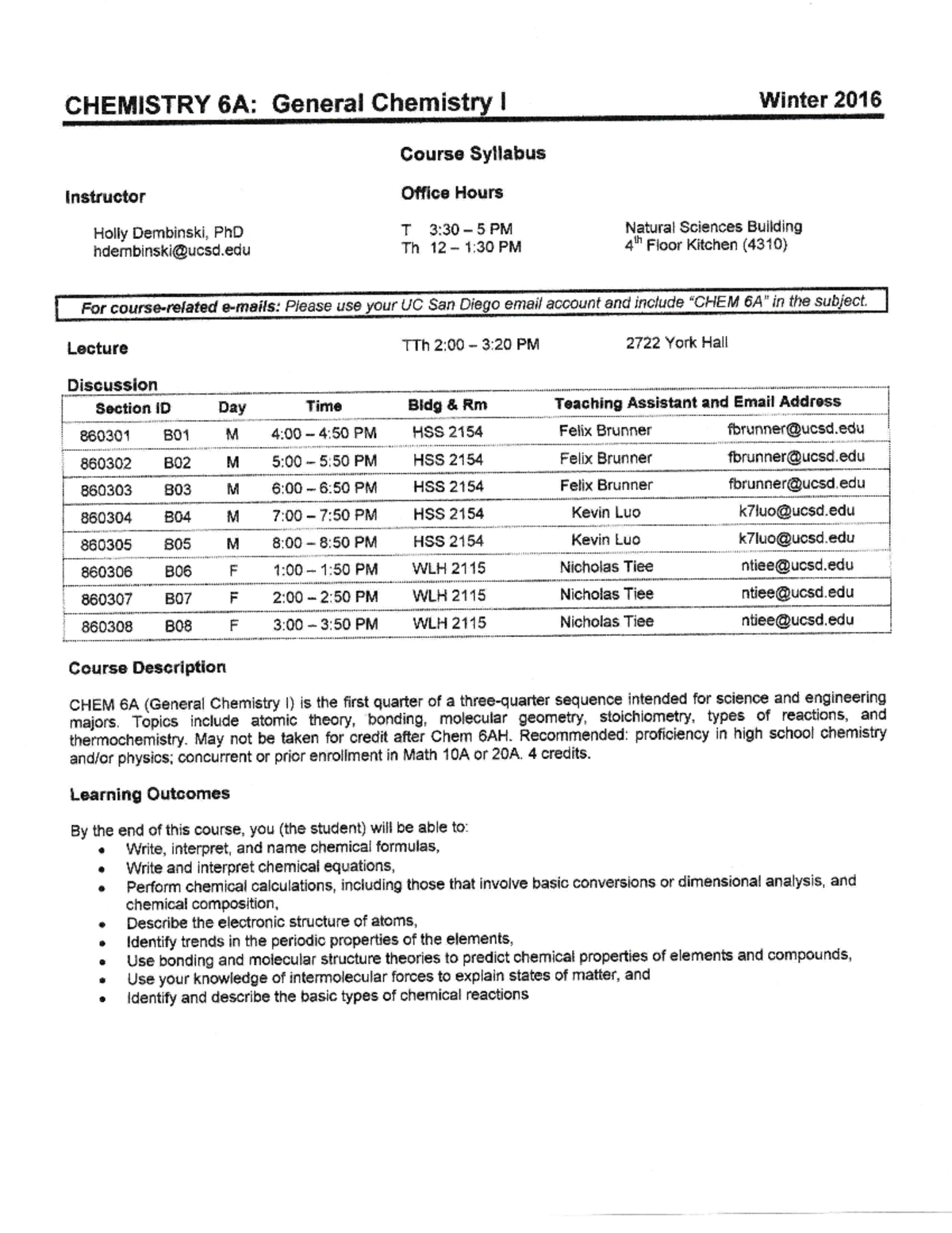 Chem 6A Syllabus - CHEMISTRY 6A: General Chemistry I Winter 2016 
