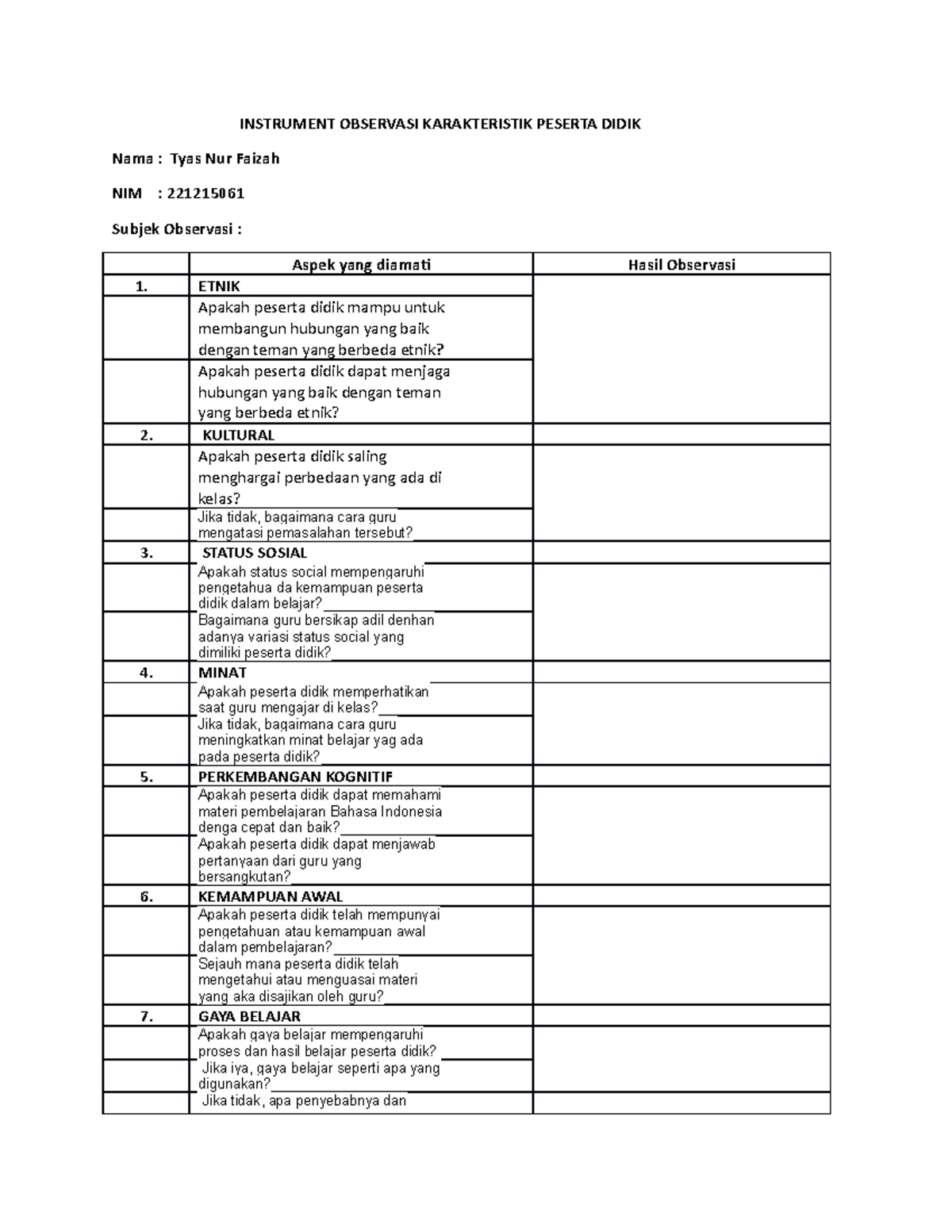 Instrumen Observasi Karakteristik Peserta Didik - NIM 221215061 - Document Preview