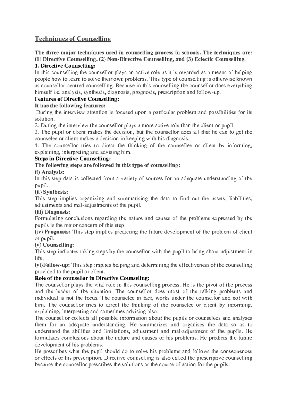 Techniques of Counselling: Directive, Non-Directive, & Eclectic ...