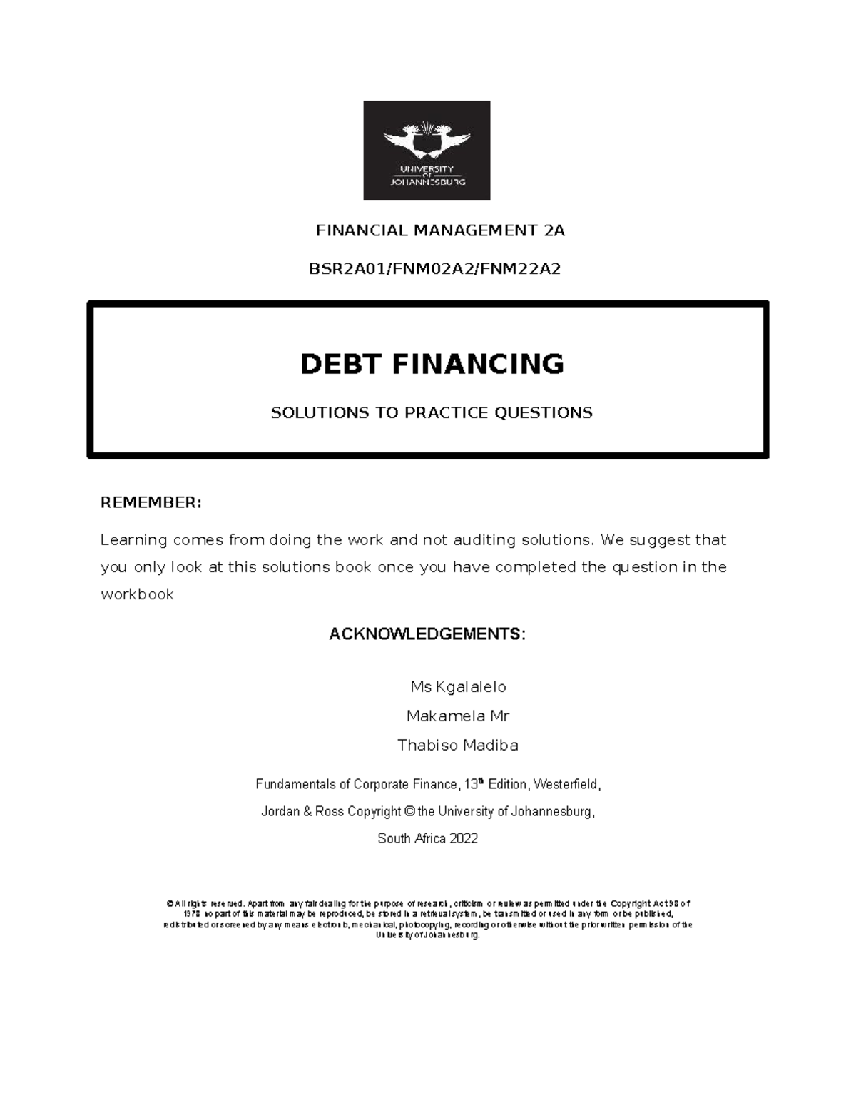 FINANCIAL MANAGEMENT 2A DEBT FINANCING SOLUTIONS PRACTICE QUESTIONS ...
