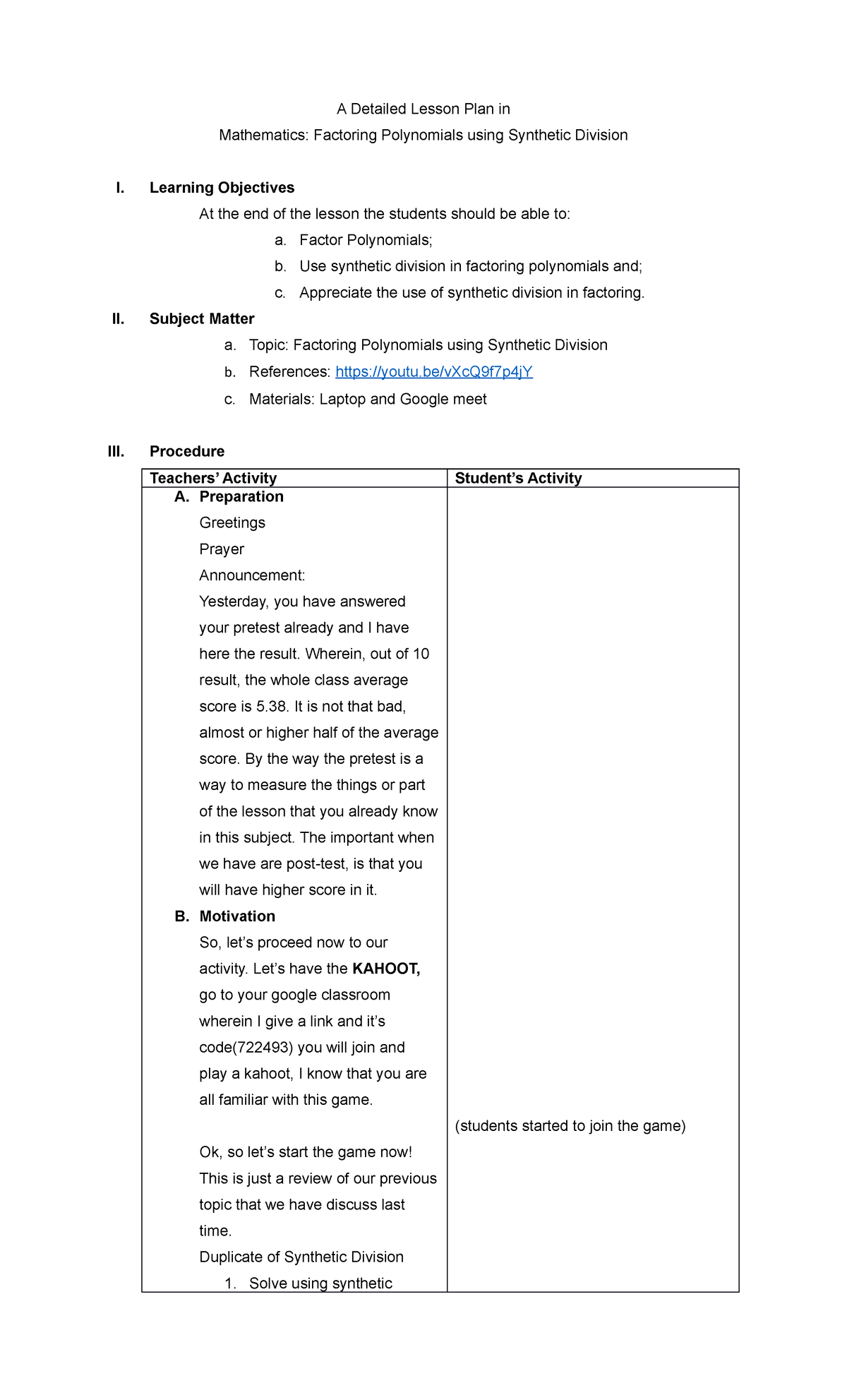 Mathematics Lesson Plan: Factoring Polynomials via Synthetic Division ...