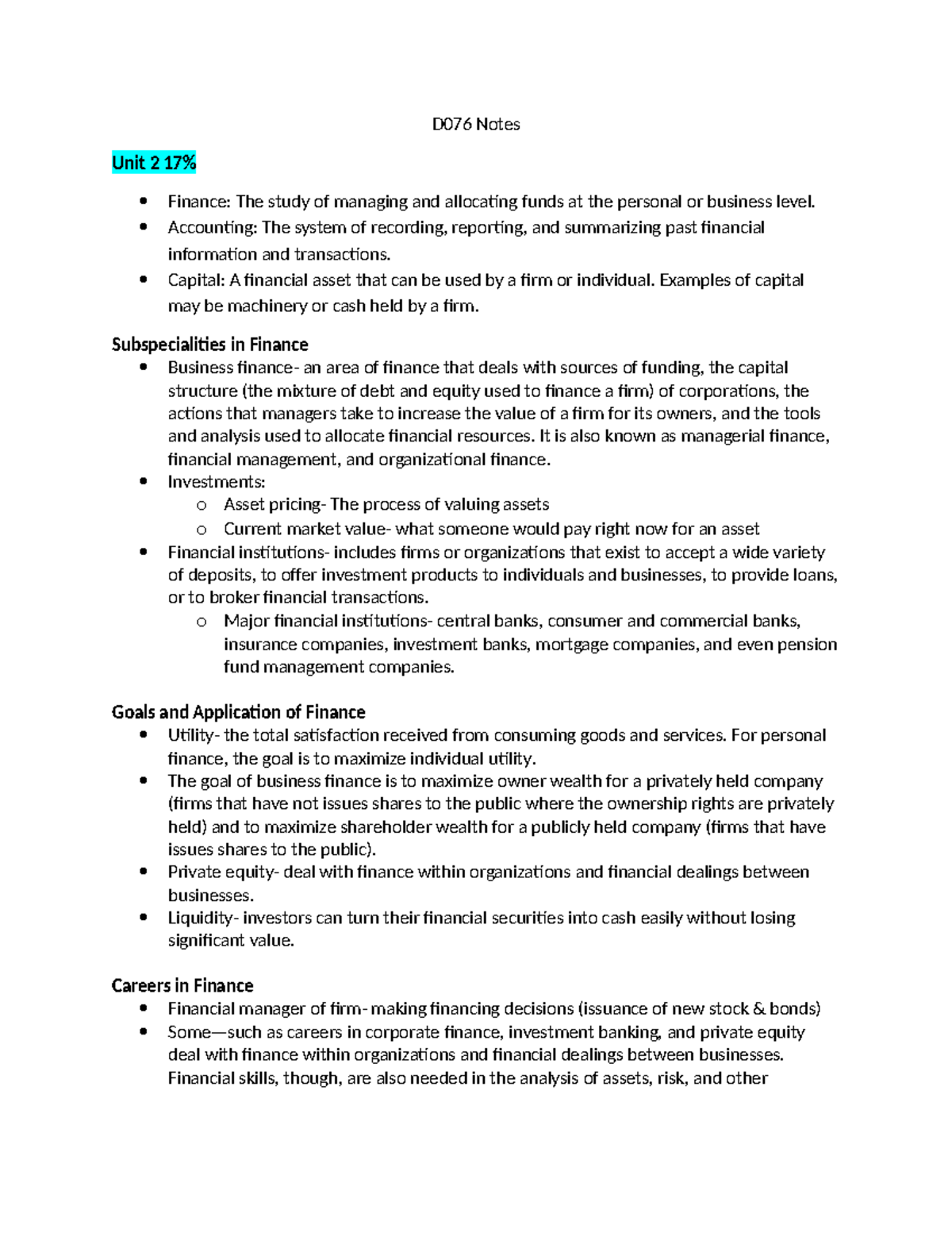 D076 Notes - D076 Notes Unit 2 17% Finance: The study of managing and ...