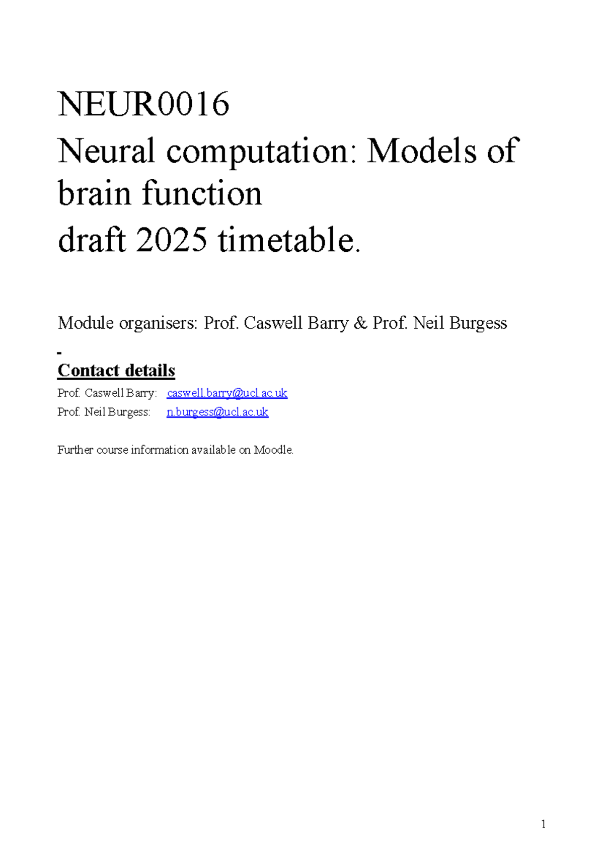 NEUR0016 Neural Computation Module Booklet 2025 - Studocu