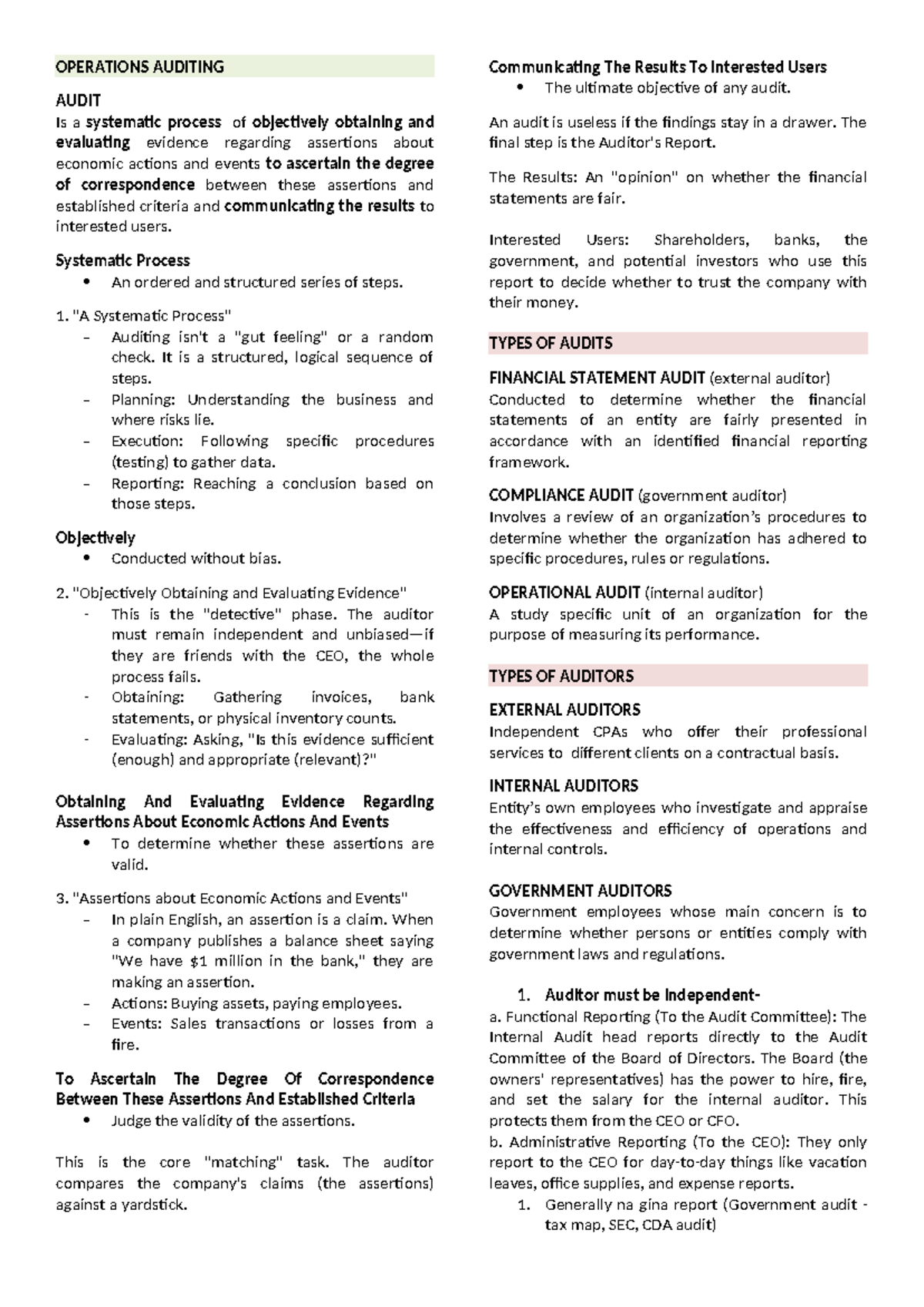 Operations Auditing - Operation Audit Lecture Notes (Course Code: OA101 ...