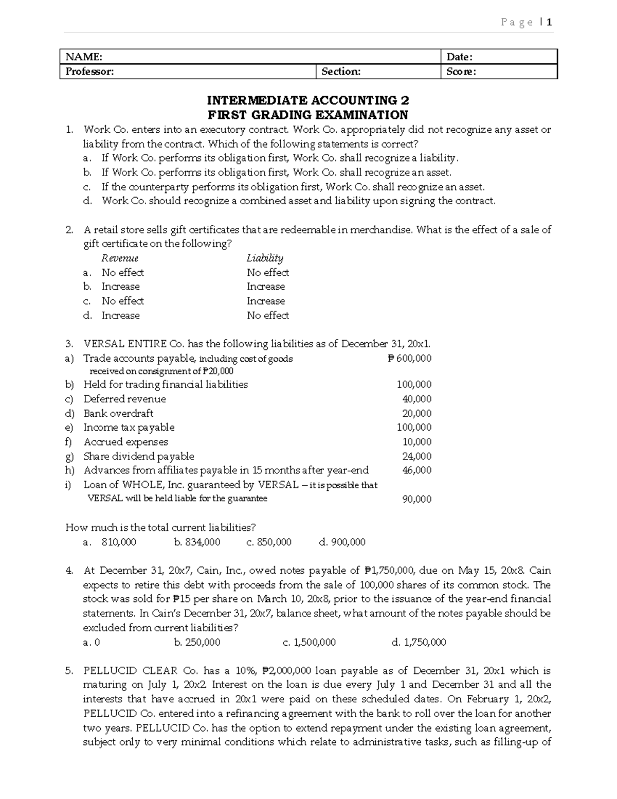 INTERMEDIATE ACCOUNTING 2: 1ST Grading Exam 2021 Questions & Answers ...