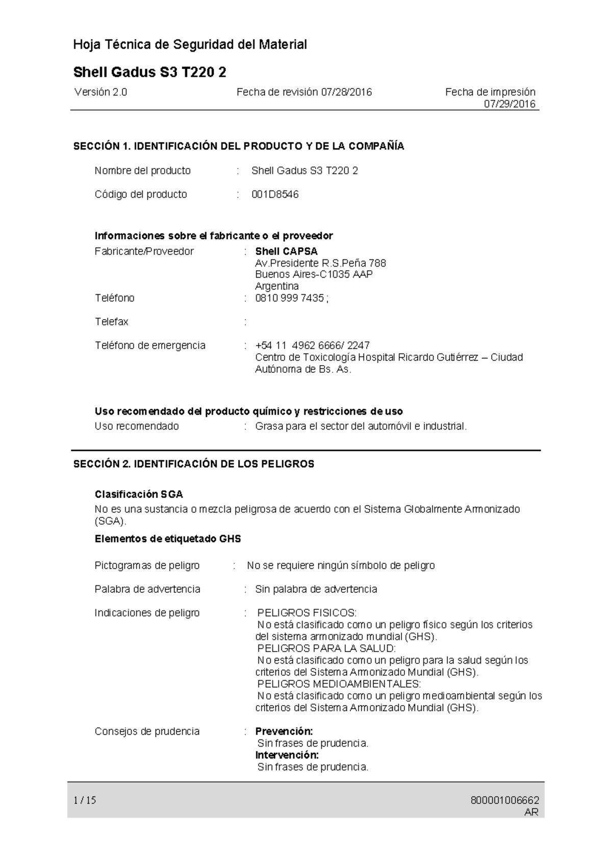 Hoja Técnica de Seguridad HDS Shell Gadus S3 T220 2 - Versión 2.0 - Studocu