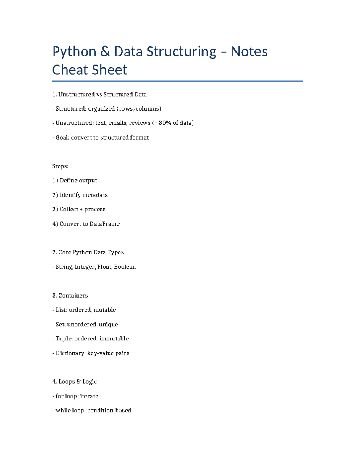 Python Data Structuring Notes Cheat Sheet: Unstructured vs Structured ...