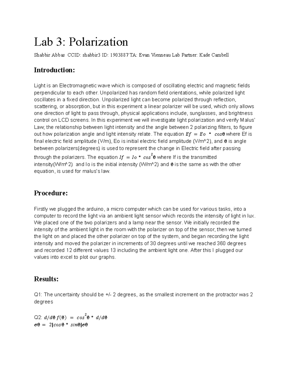 Lab 3: Polarization Experiment - PHYS 130 Lab Manual - Studocu