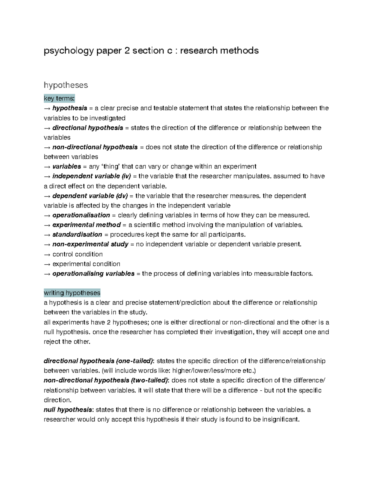 Psychology Paper 2: Research Methods & Hypotheses Key Terms - Studocu