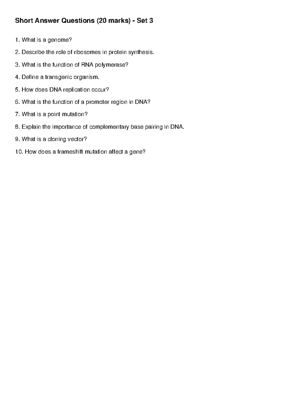 Genetic Engineering Short Answer Questions (20 Marks) - Studocu