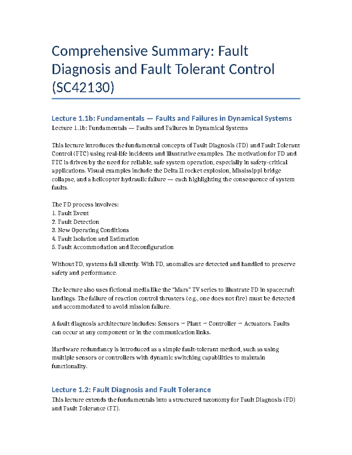 SC42130 Comprehensive Summary of Fault Diagnosis & Tolerant Control ...