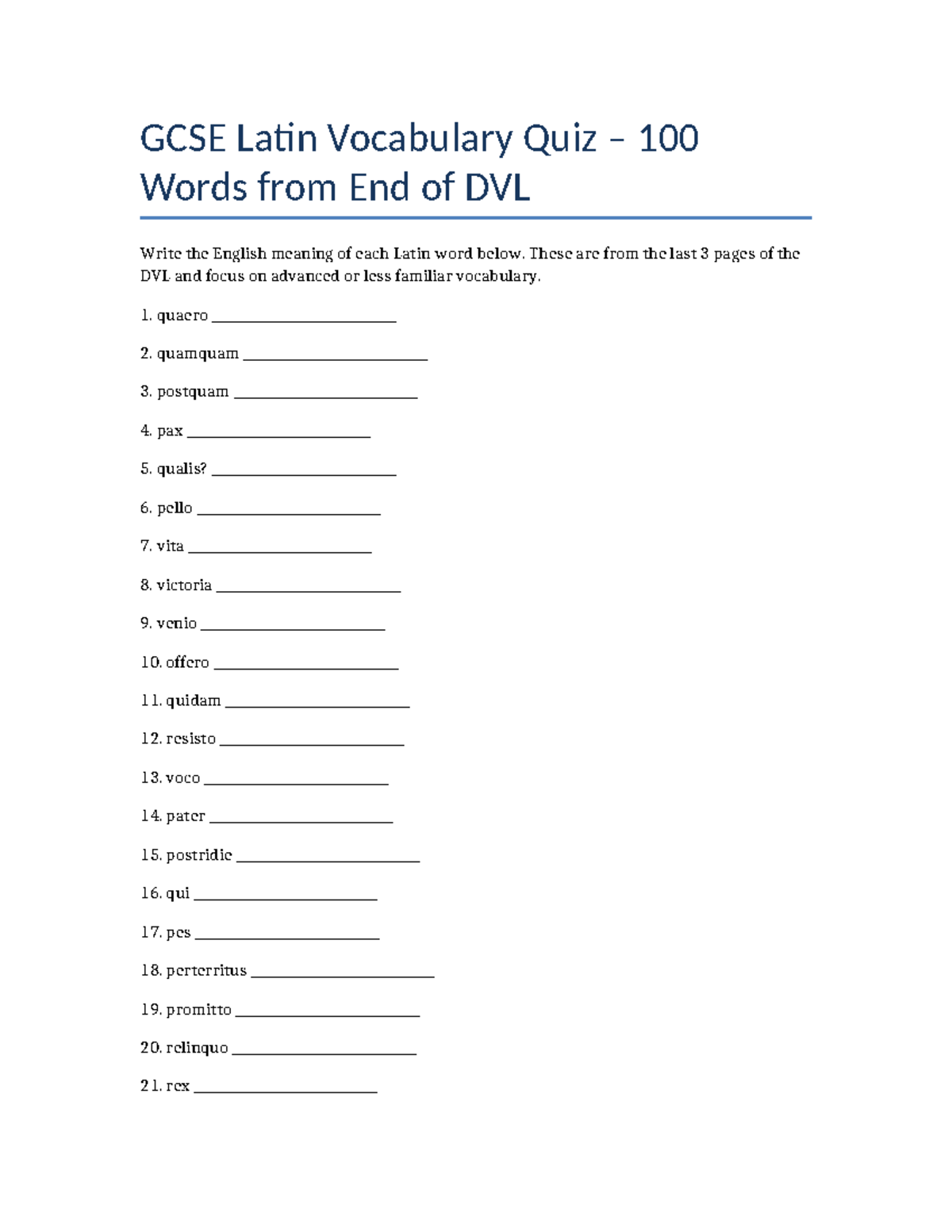 GCSE Latin Vocabulary Quiz – 100 Advanced Words from DVL - Studocu