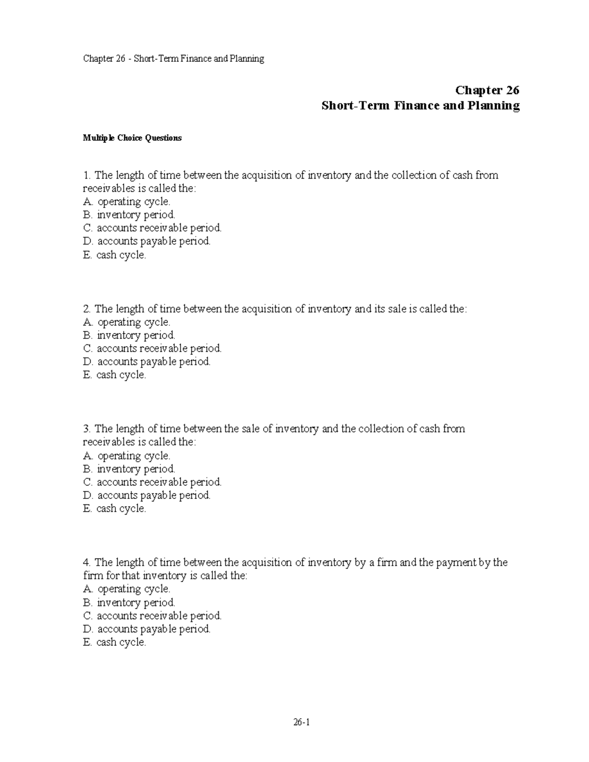 Chapter 26 Finance and Planning: Multiple Choice Questions and Answers ...