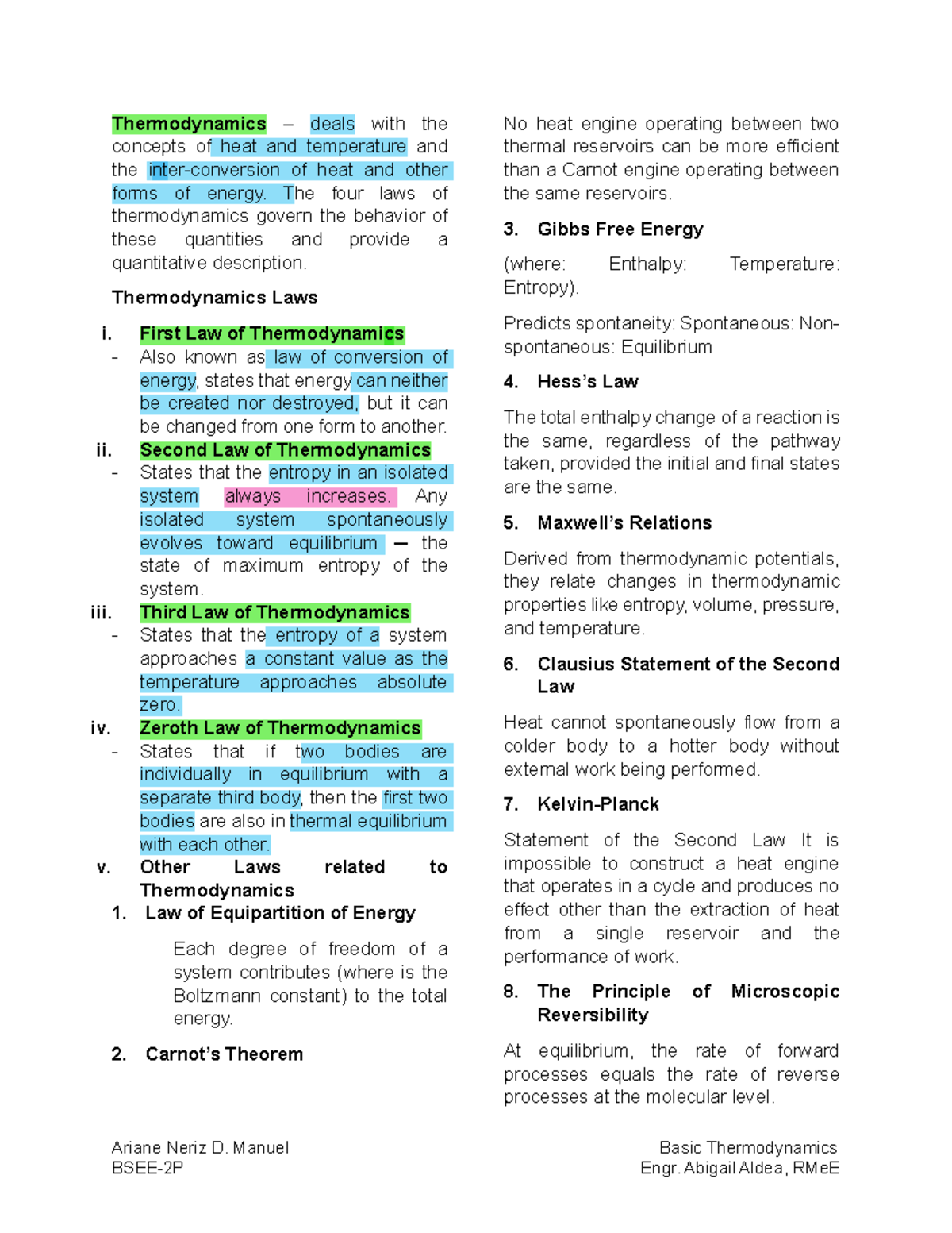 Basic thermodynamics concepts and laws (ENGR 101) - Studocu
