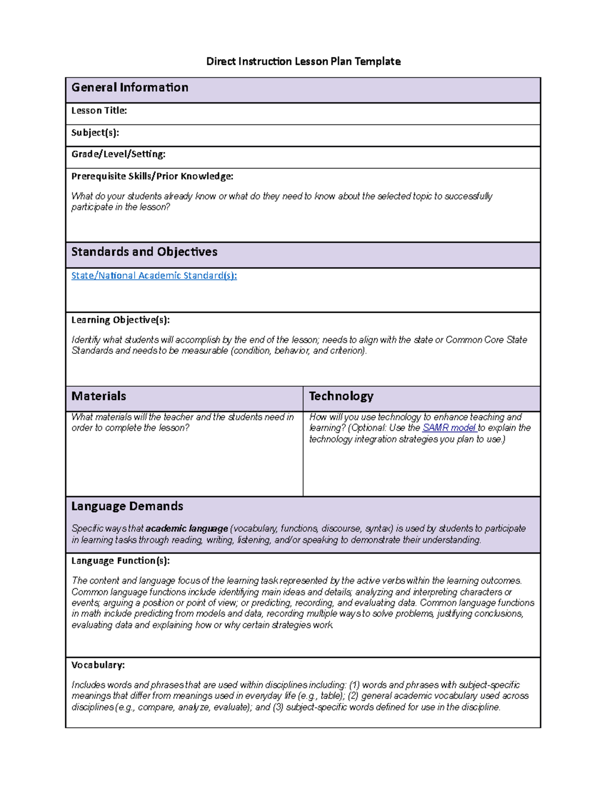 Lesson Plan Template - Direct Instruction Lesson Plan Template General ...