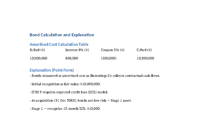 Bond Calculation & Amortised Cost Analysis (IFRS 9) - Studocu