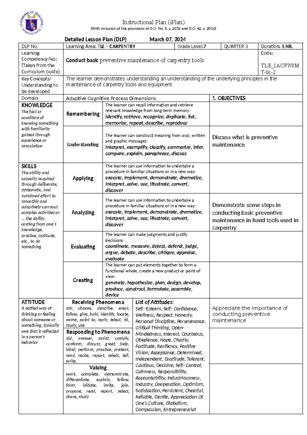 COT 3 TLE - Instructional Plan (iPlan) (With inclusion of the ...