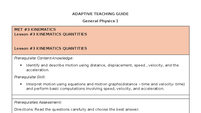 Kinematics Quantities Guide for General Physics 1 (MET) Lesson - Studocu