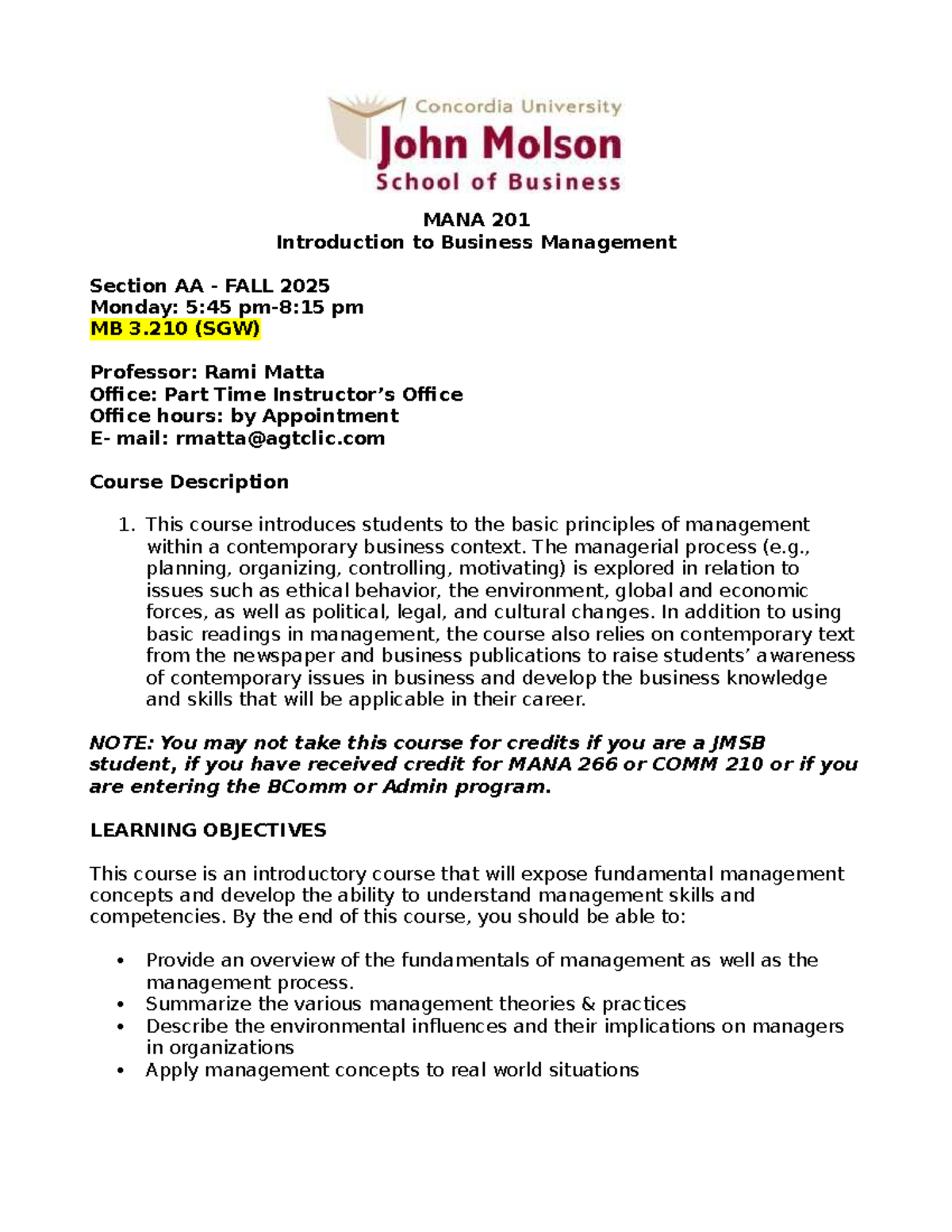 Course Outline - MANA 201: Intro to Business Management Fall 2025 - Studocu