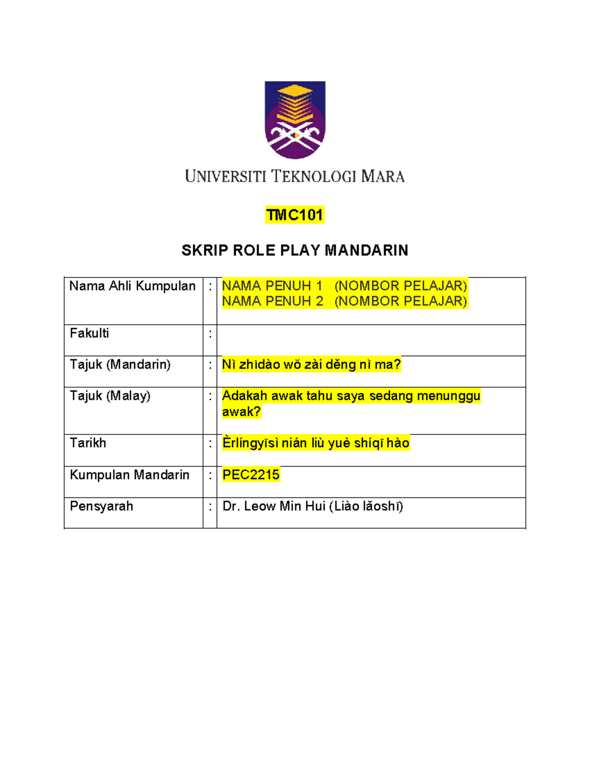 TMC101 Template Skrip Role Play Mandarin - PEC2215 - Studocu
