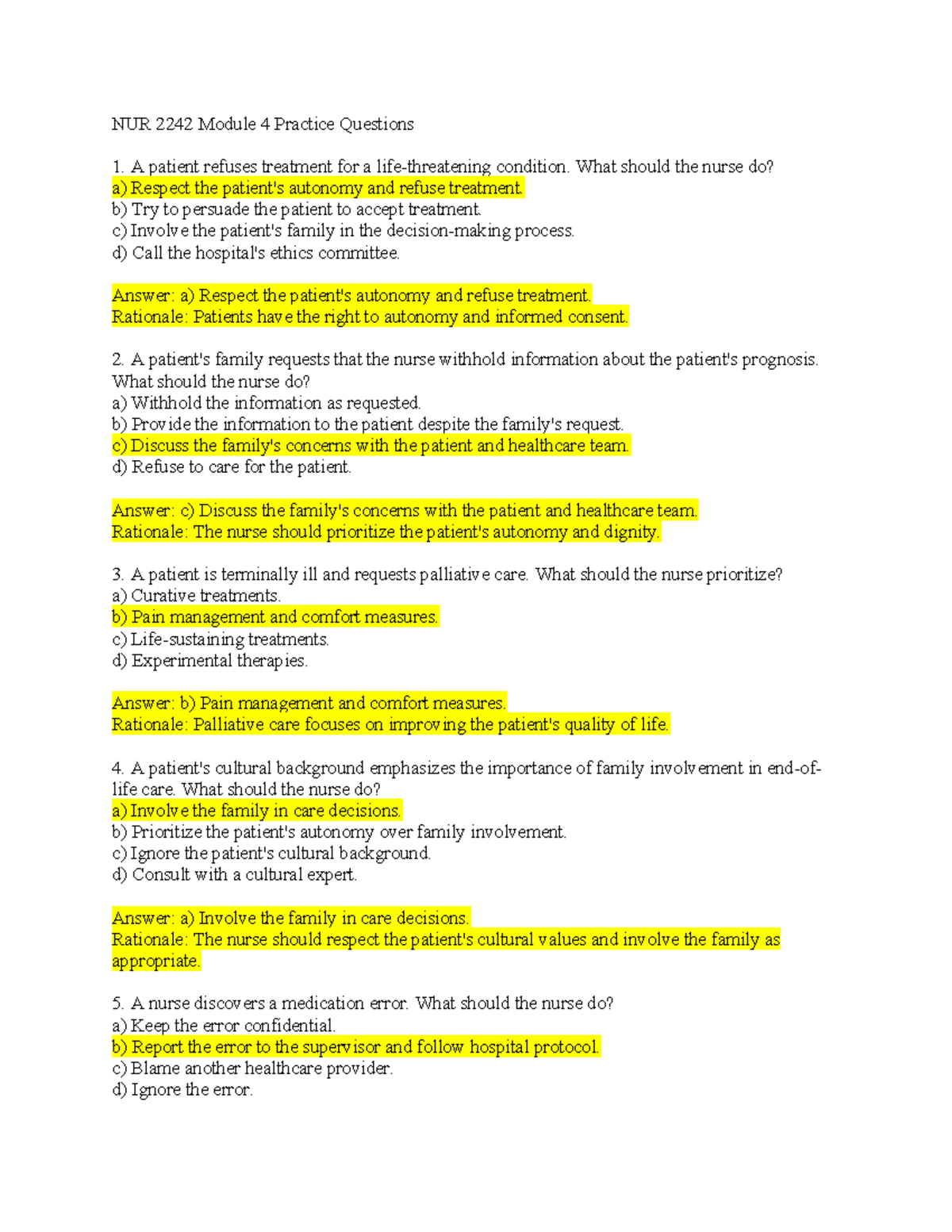 NUR 2242 Module 4 Practice Questions & Answers on Patient Care Ethics ...