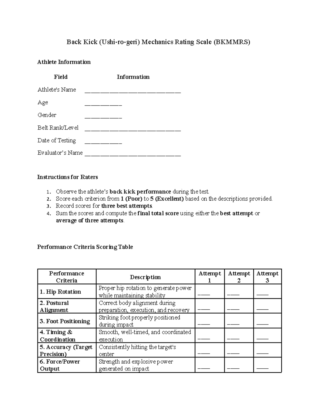 Back Kick Mechanics Rating Scale (BKMMRS) Assessment Guide - Studocu
