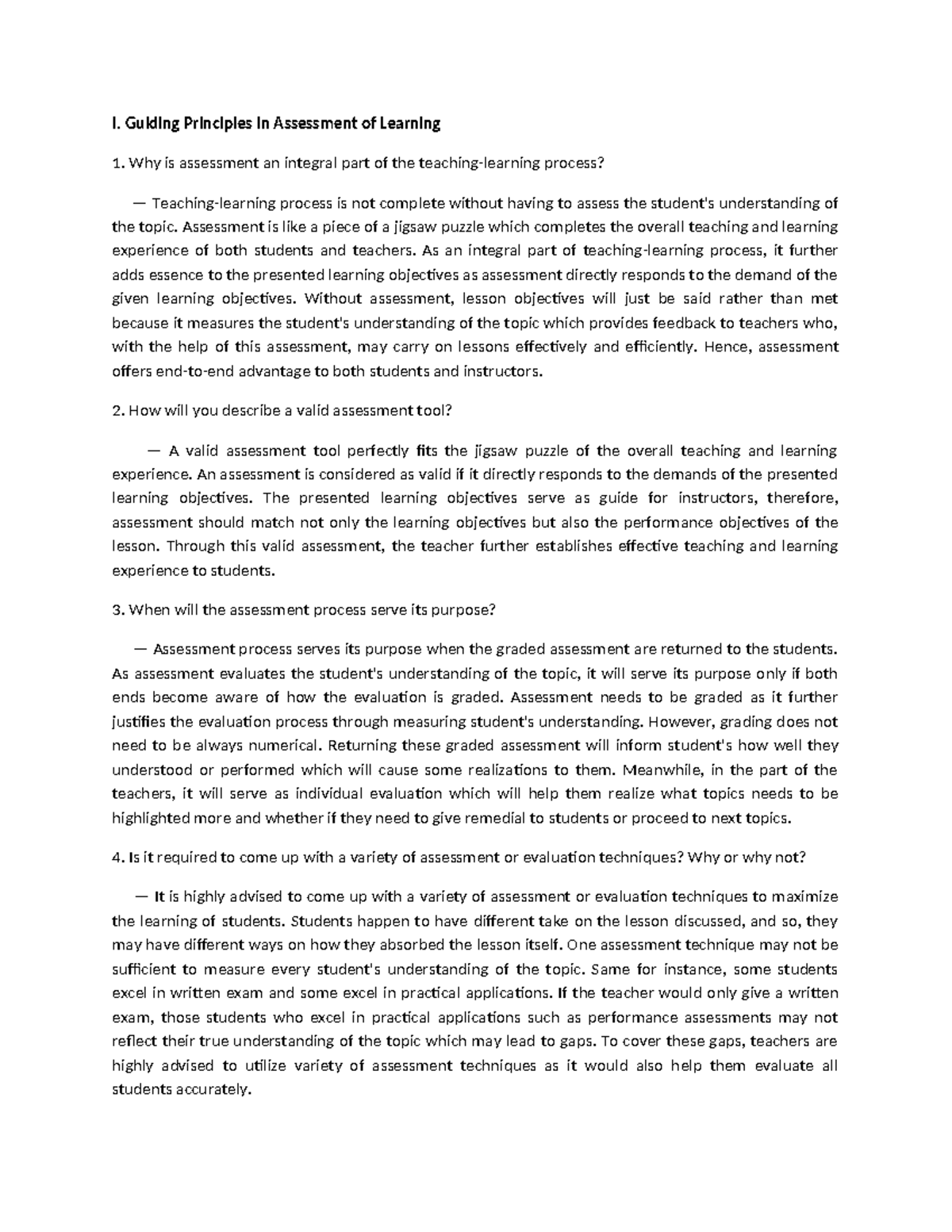 Assessment of Learning Activity: Key Principles and Techniques - Studocu