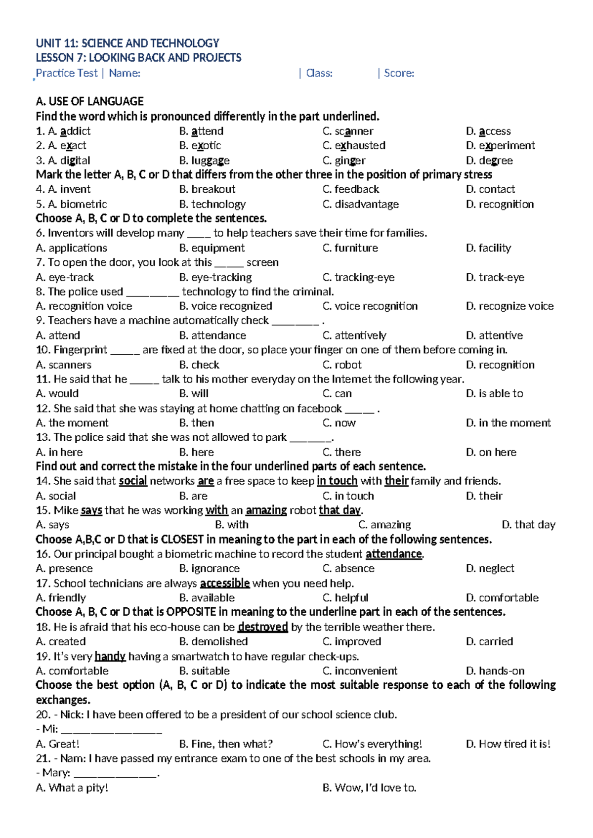 G8 UNIT 11: SCIENCE & TECHNOLOGY LESSON 7 PRACTICE TEST - Studocu
