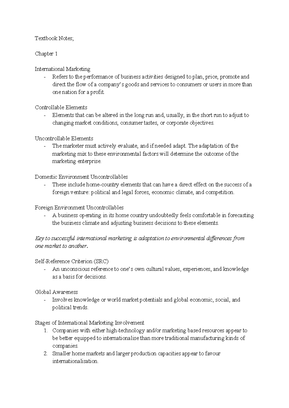 Textbook Notes - Textbook Notes; Chapter 1 International Marketing ...