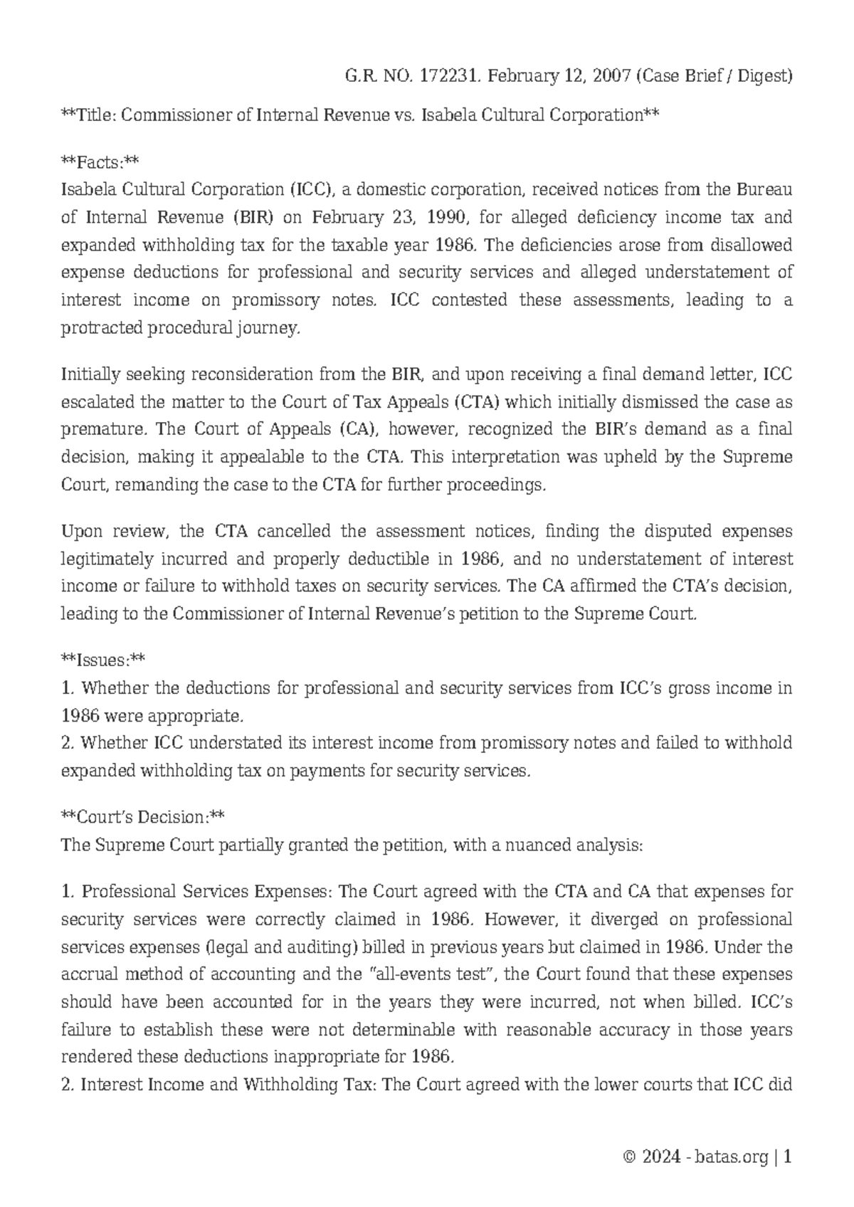 WEEK 7 TAX 3 - TAX CASE - G. NO. 172231. February 12, 2007 (Case Brief ...