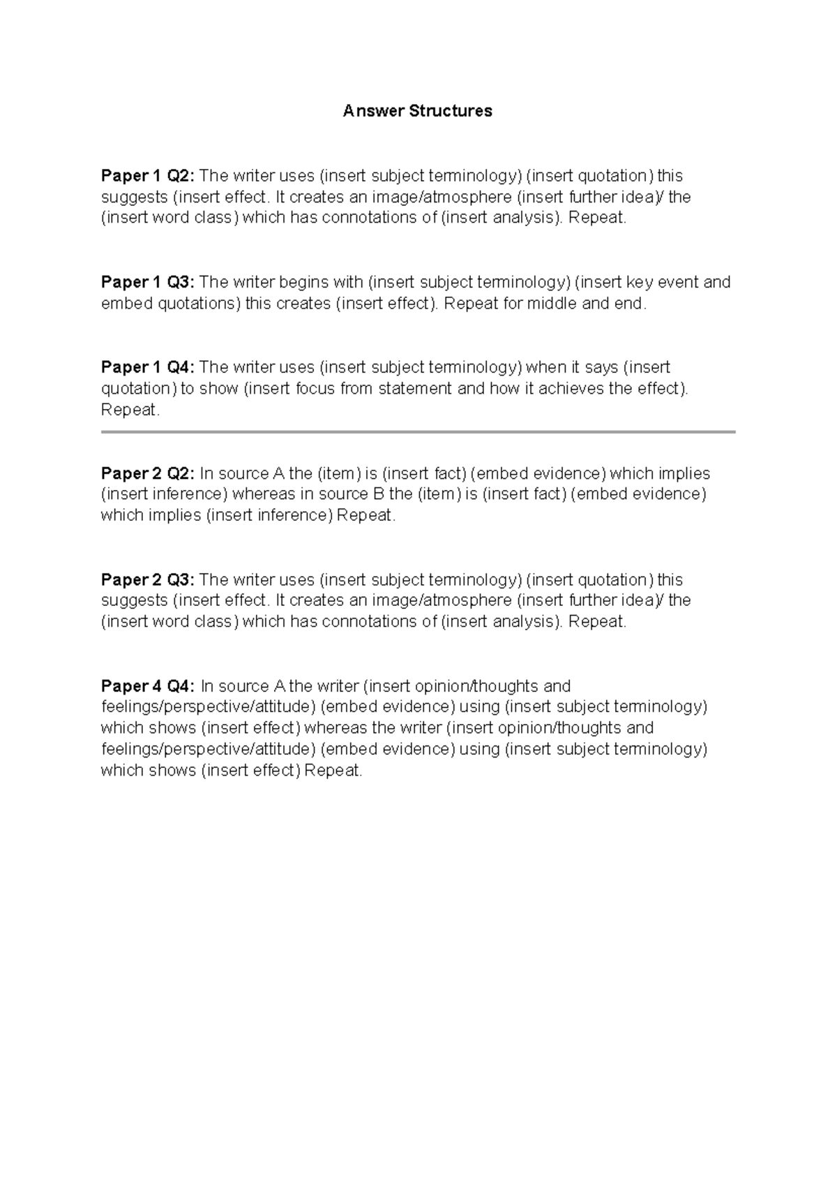 Answer Structures - Answer Structures Paper 1 Q2: The writer uses ...