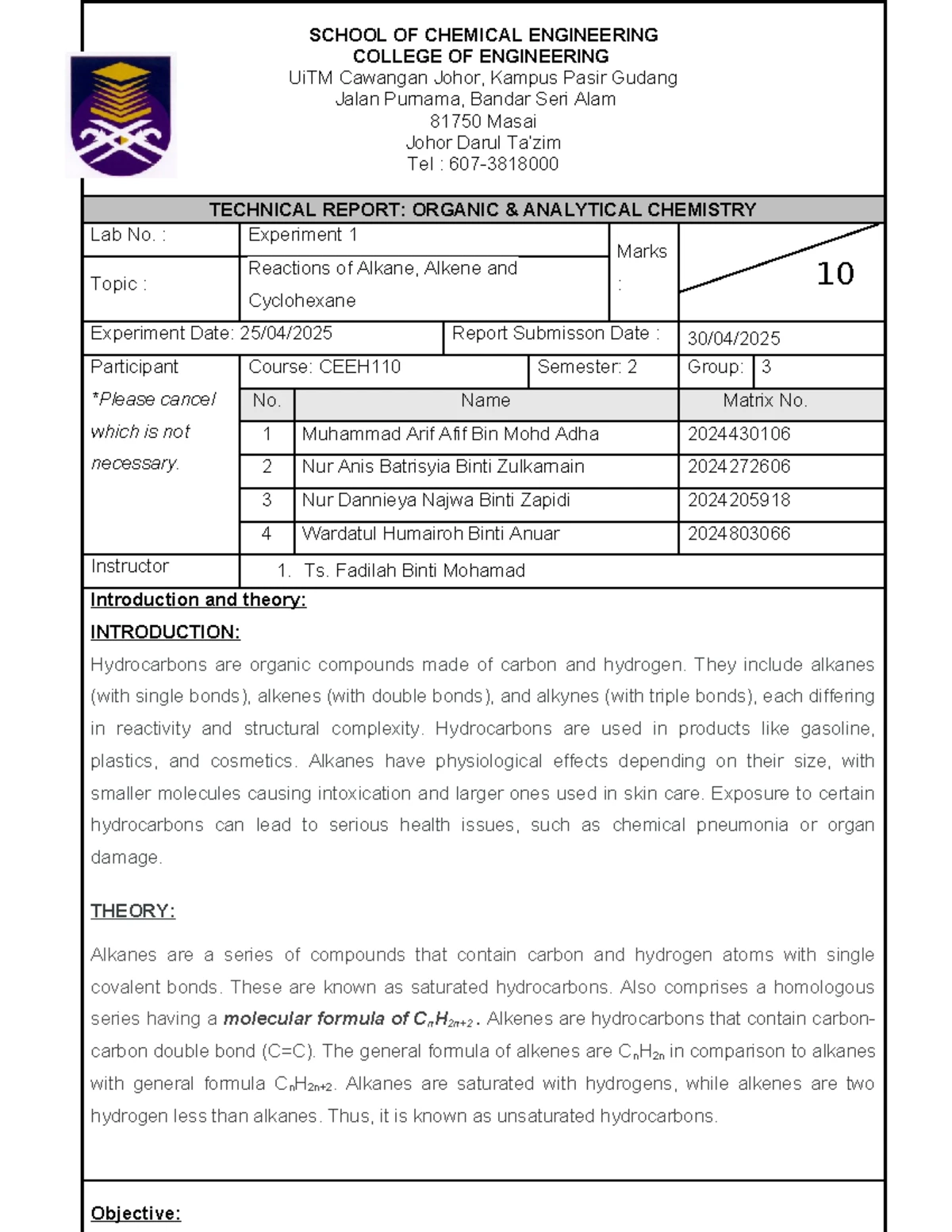CHE145 LAB REPORT EXPERIMENT 3 (EXP3) - SCHOOL OF CHEMICAL ENGINEERING ...