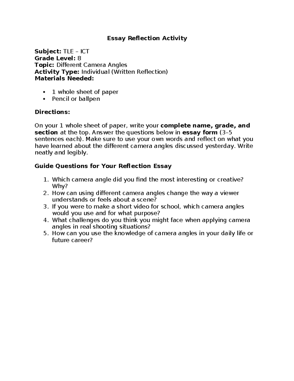 Interactive Essay Reflection Activity: TLE ICT Grade 8 - Studocu