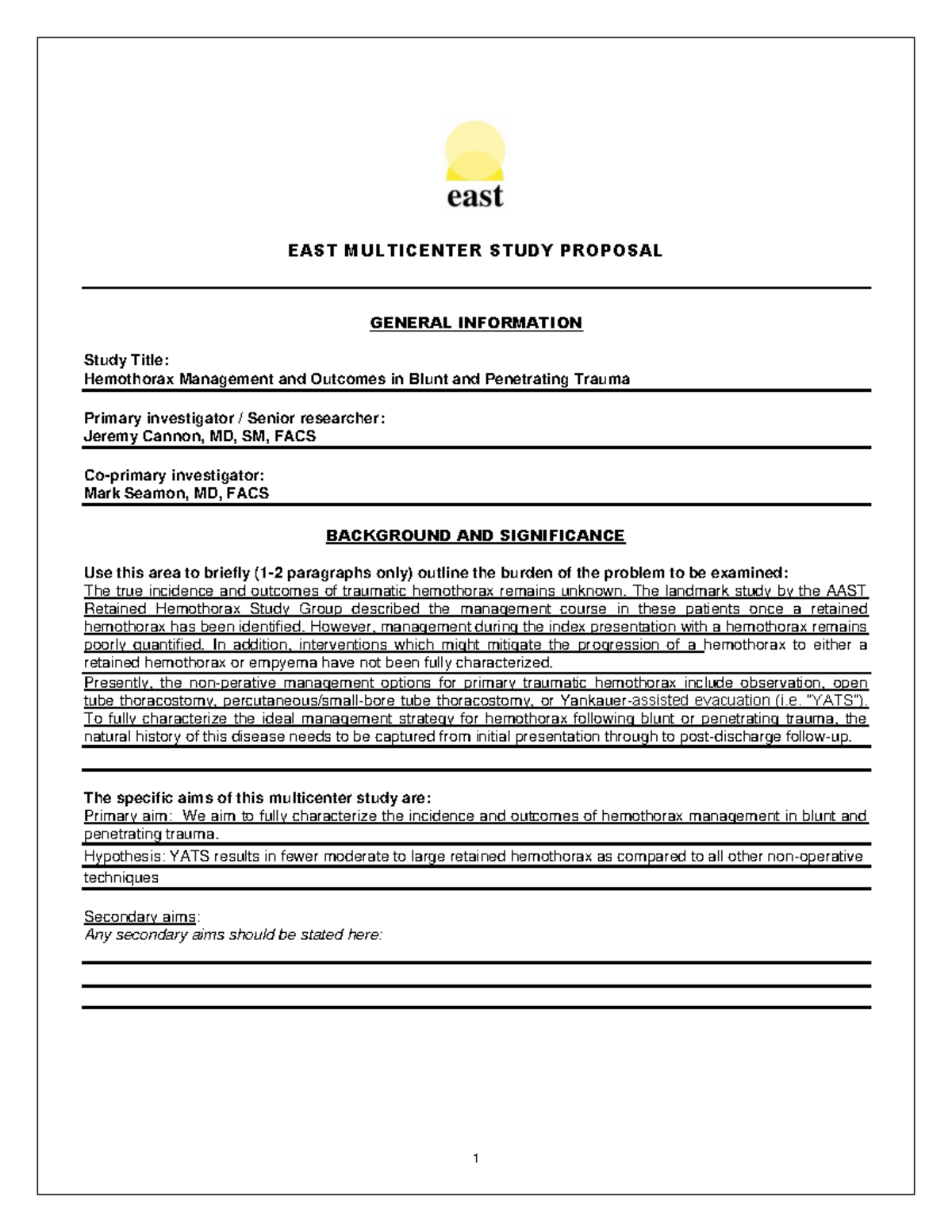 Cannon jeremy multicenter studies materials - 1 EAST MULTICENTER STUDY ...