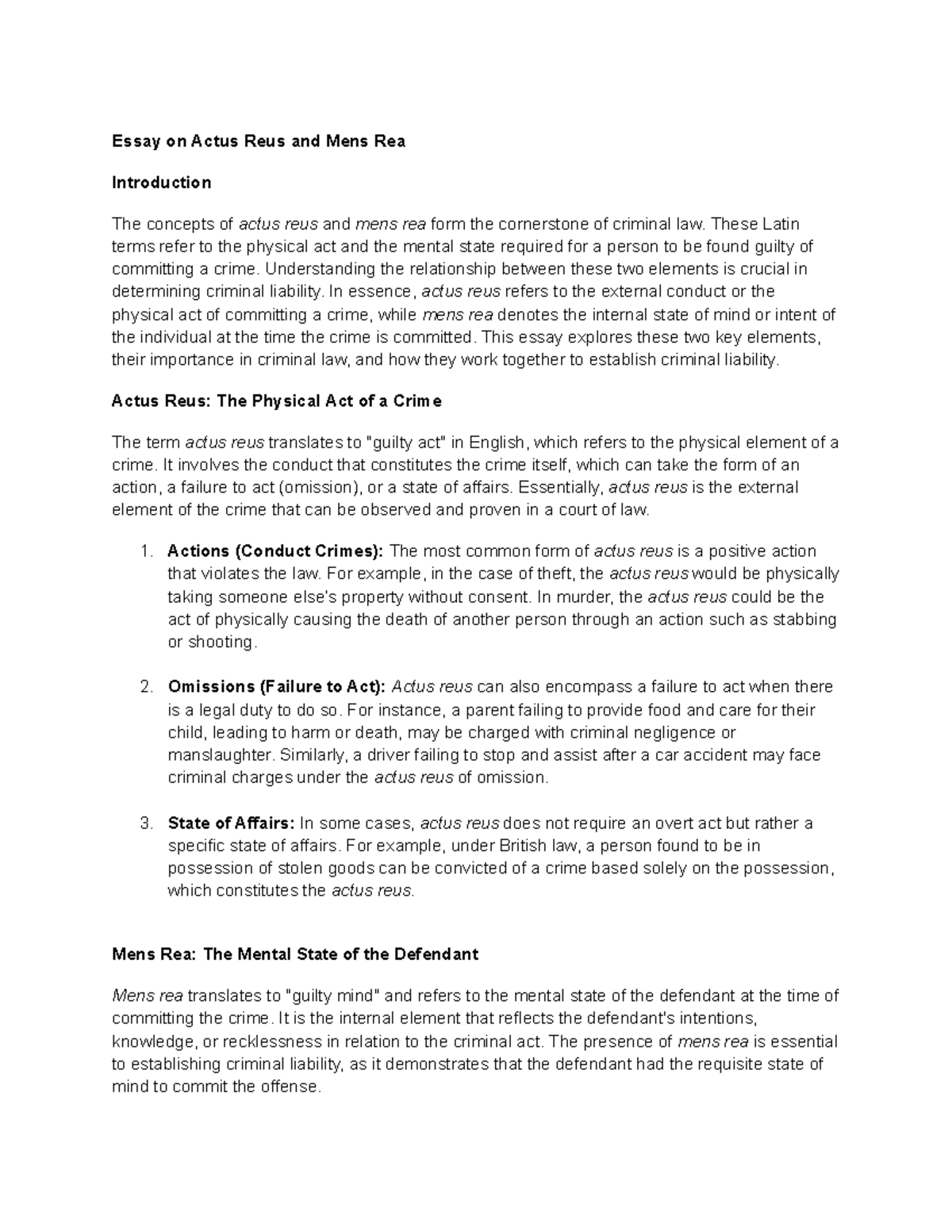 Criminal Law - Essay on Actus Reus & Mens Rea Explained - Studocu