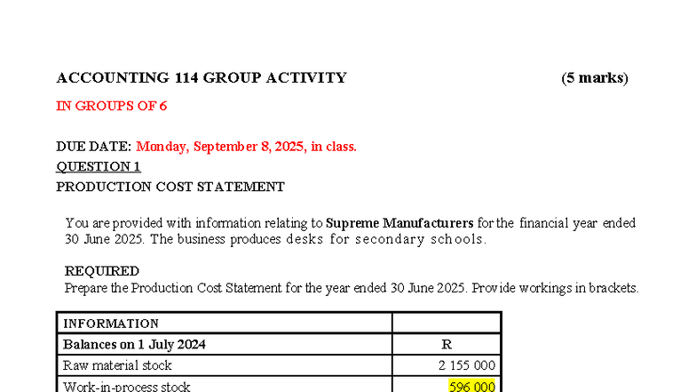 ACCOUNTING 114 GROUP ACTIVITY: PRODUCTION COST STATEMENT 2025 - Studocu