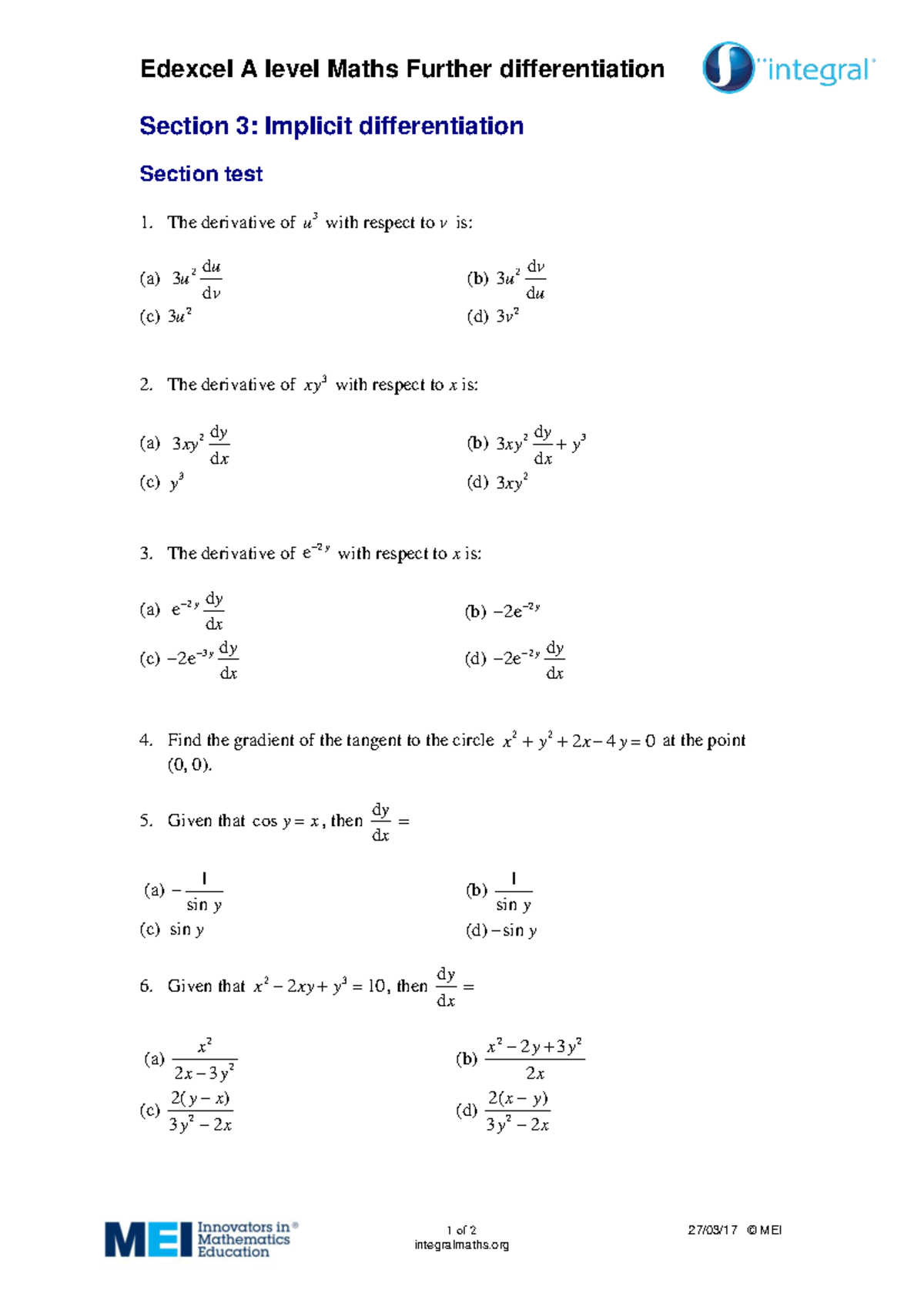 Edexcel A Level Maths FD3: Further Differentiation Test Notes - Studocu